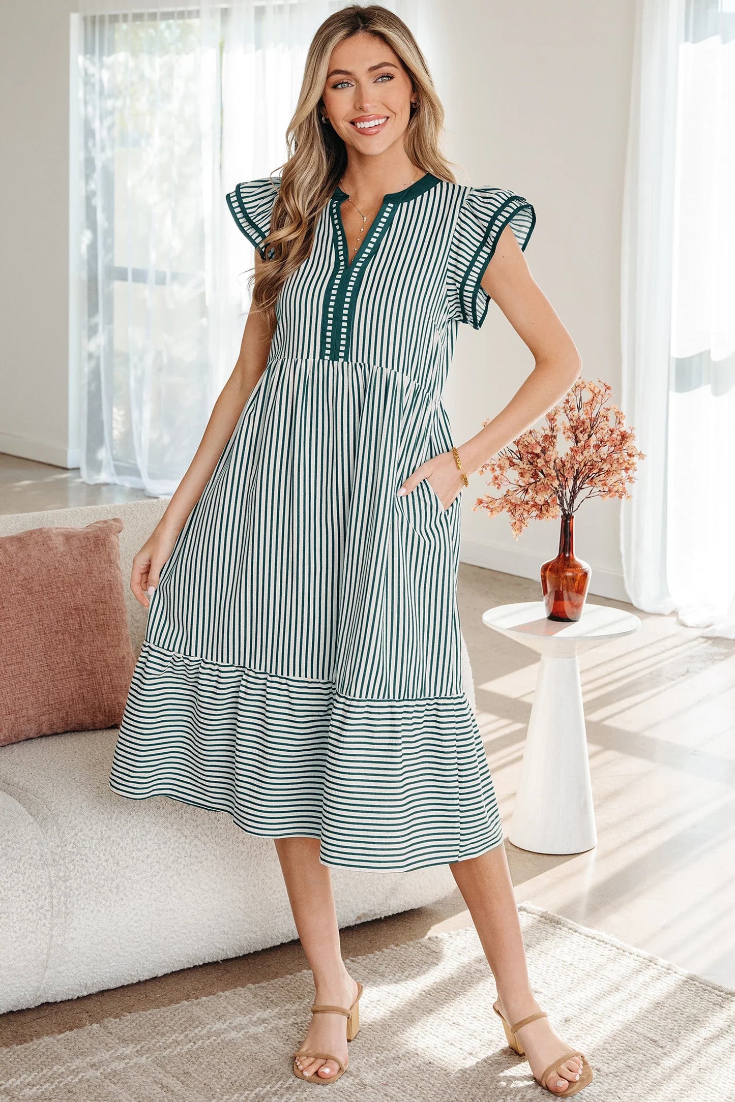 Yessica - Green Stripe Double Ruffled Short Sleeve Midi Dress